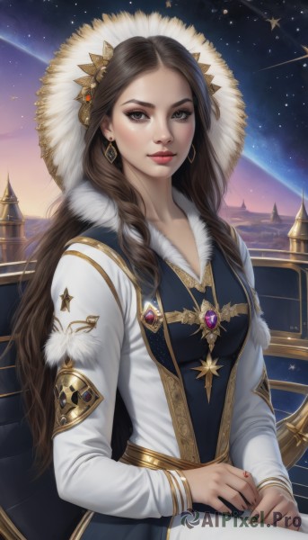 1girl,solo,long hair,breasts,looking at viewer,smile,brown hair,hair ornament,long sleeves,dress,brown eyes,jewelry,medium breasts,sitting,closed mouth,earrings,outdoors,sky,artist name,necklace,star (symbol),nail polish,lips,fur trim,makeup,night,watermark,gem,star (sky),black nails,night sky,starry sky,gold trim,nose,red lips,shooting star,braid,hood,ring,forehead,realistic,red gemstone