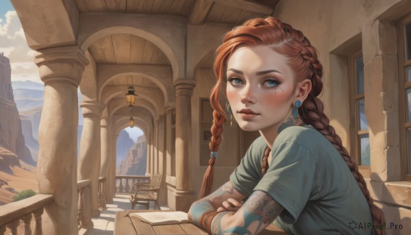 1girl,solo,long hair,looking at viewer,blush,blue eyes,brown hair,shirt,jewelry,upper body,braid,short sleeves,red hair,earrings,outdoors,sky,day,artist name,cloud,indoors,orange hair,mole,twin braids,bracelet,blue sky,lips,book,eyelashes,mole under eye,window,tattoo,makeup,watermark,chair,crossed arms,table,blue shirt,building,web address,freckles,realistic,nose,arm tattoo,pillar,mascara,column,bangs,closed mouth,from side,green shirt,facial tattoo