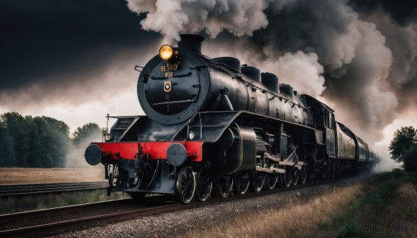 outdoors,sky,day,cloud,tree,military,no humans,grass,ground vehicle,nature,motor vehicle,forest,smoke,military vehicle,tank,vehicle focus,caterpillar tracks,world war ii,cloudy sky,train,railroad tracks