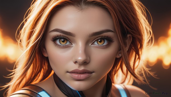 1girl,solo,long hair,looking at viewer,smile,brown hair,brown eyes,jewelry,closed mouth,yellow eyes,earrings,choker,orange hair,blurry,lips,eyelashes,makeup,depth of field,blurry background,piercing,portrait,close-up,forehead,freckles,realistic,nose,stud earrings,cyborg,backlighting