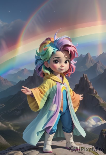 1girl,solo,looking at viewer,blush,smile,long sleeves,standing,full body,ponytail,pink hair,red hair,multicolored hair,boots,outdoors,green hair,sky,artist name,cloud,hood,wide sleeves,two-tone hair,watermark,white footwear,child,web address,personification,mountain,female child,overalls,rainbow,raincoat,rainbow hair,short hair,brown eyes,blue hair,aged down,robe