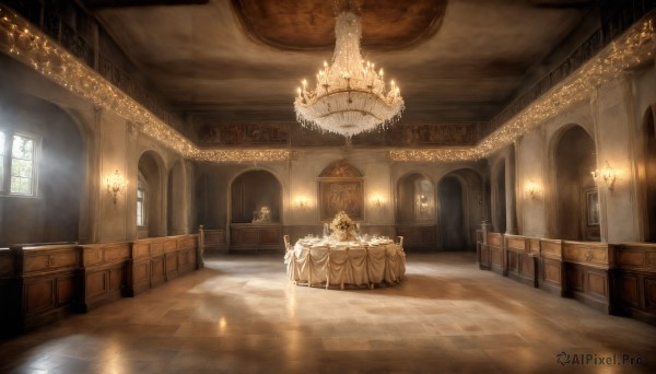 HQ,dress,flower,indoors,no humans,window,chair,table,sunlight,scenery,reflection,light rays,wooden floor,stairs,door,clock,light,candle,carpet,church,candlestand,reflective floor,chandelier,bed,tiles,tile floor,statue,ceiling,arch