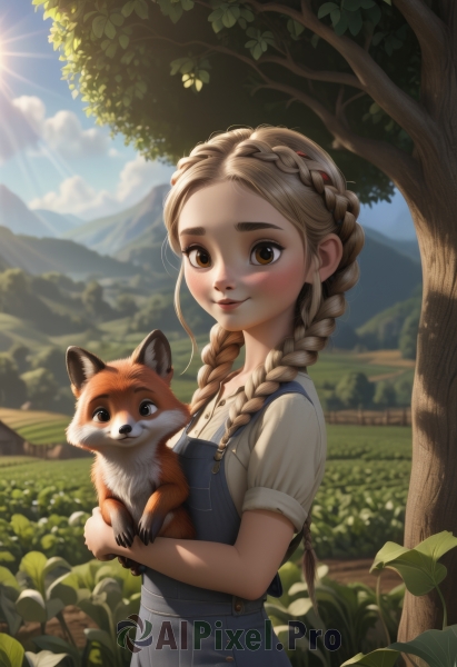 1girl,solo,long hair,looking at viewer,blush,smile,blonde hair,brown hair,shirt,holding,twintails,brown eyes,closed mouth,standing,white shirt,braid,flower,short sleeves,outdoors,sky,day,artist name,cloud,blurry,twin braids,tree,blue sky,lips,depth of field,animal,leaf,sunlight,light brown hair,thick eyebrows,grass,plant,child,nature,hair over shoulder,forehead,freckles,dog,mountain,nose,sun,overalls,holding animal,dappled sunlight,mountainous horizon,blue overalls,upper body,collared shirt,buttons,blurry background,carrying,crown braid,field,fox