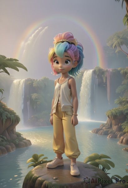 1girl,solo,looking at viewer,smile,short hair,blonde hair,navel,bare shoulders,brown eyes,jewelry,blue hair,standing,full body,pink hair,purple hair,multicolored hair,outdoors,sky,shoes,sleeveless,pants,dark skin,water,necklace,vest,flat chest,bracelet,two-tone hair,dark-skinned female,tree,tank top,sneakers,child,goggles on head,rainbow,waterfall,baggy pants,cliff,yellow pants,rainbow hair,ponytail,green hair,artist name,white footwear,plant,rock,brown pants