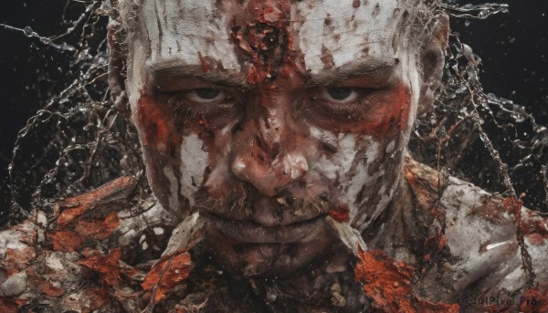 solo,looking at viewer,1boy,closed mouth,white hair,male focus,water,black eyes,blood,facial hair,chain,black background,portrait,blood on face,realistic,manly