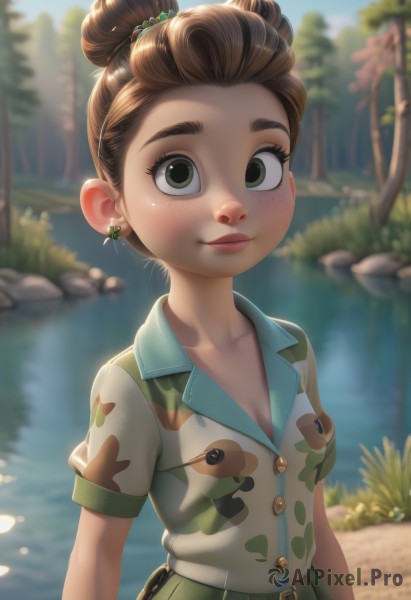 1girl,solo,breasts,looking at viewer,smile,short hair,skirt,brown hair,shirt,hair ornament,cleavage,jewelry,closed mouth,green eyes,collarbone,upper body,short sleeves,earrings,small breasts,outdoors,day,collared shirt,belt,artist name,water,hair bun,blurry,tree,lips,buttons,blurry background,single hair bun,thick eyebrows,grass,green skirt,nature,freckles,rock,river,lake,pond