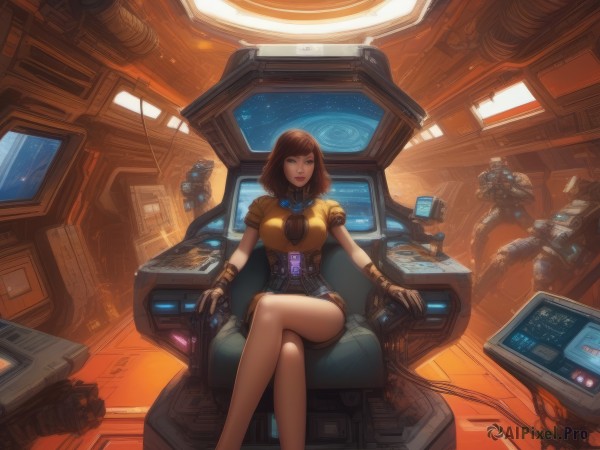 1girl,solo,breasts,looking at viewer,short hair,bangs,large breasts,brown hair,gloves,brown eyes,sitting,short sleeves,indoors,fingerless gloves,medium hair,lips,chair,crossed legs,robot,mecha,corset,science fiction,realistic,underbust,cable,space,monitor,spacecraft,cockpit,screen,holographic interface,hologram,joystick,medium breasts,solo focus,bare legs,swept bangs,nose