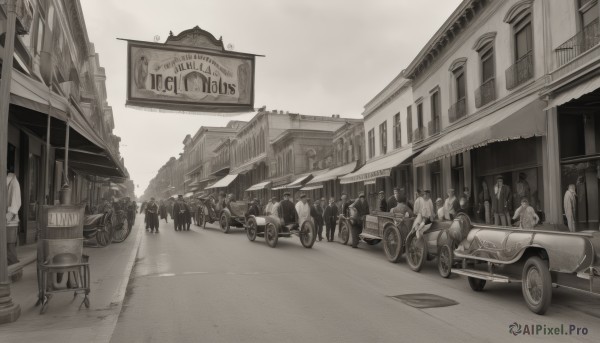 monochrome,greyscale,outdoors,multiple boys,no humans,ground vehicle,building,scenery,motor vehicle,6+boys,city,sign,car,road,vehicle focus,street,crowd,people,multiple girls,sky,formal,suit