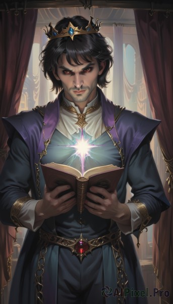 solo,looking at viewer,short hair,bangs,black hair,red eyes,long sleeves,1boy,holding,jewelry,closed mouth,standing,male focus,cowboy shot,belt,pants,indoors,lips,coat,book,glowing,facial hair,crown,curtains,gem,beard,colored sclera,holding book,gold trim,robe,open book,mustache,black sclera,straight-on,priest,window