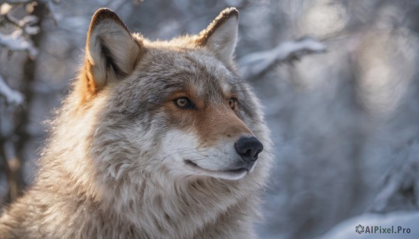 solo, looking at viewer, closed mouth, outdoors, blurry, no humans, depth of field, blurry background, animal, snow, realistic, animal focus, wolf