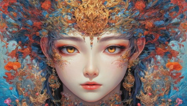 1girl,solo,looking at viewer,short hair,bangs,brown eyes,jewelry,closed mouth,yellow eyes,flower,earrings,lips,orange eyes,eyelashes,makeup,expressionless,lipstick,gem,portrait,close-up,eyeshadow,red lips,straight-on,black hair,hair ornament,blue hair,fish,eyeliner,gold,mascara