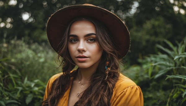 1girl,solo,long hair,looking at viewer,smile,brown hair,shirt,black hair,hat,twintails,brown eyes,jewelry,upper body,braid,earrings,outdoors,parted lips,teeth,day,necklace,blurry,twin braids,lips,depth of field,blurry background,thick eyebrows,plant,portrait,nature,hair over shoulder,freckles,sun hat,yellow shirt,realistic,nose,brown headwear,straw hat,artist name,eyelashes,makeup,low twintails,leaf,sunlight,forehead,bokeh