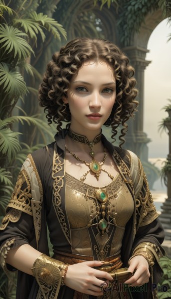 1girl,solo,breasts,looking at viewer,short hair,blue eyes,brown hair,black hair,long sleeves,dress,holding,jewelry,medium breasts,upper body,outdoors,parted lips,choker,day,wide sleeves,necklace,bracelet,lips,grey eyes,makeup,leaf,wavy hair,ring,plant,gem,curly hair,gold trim,robe,realistic,fantasy,pillar,cleavage,standing,indoors,fingernails,watermark,knife,stairs,column