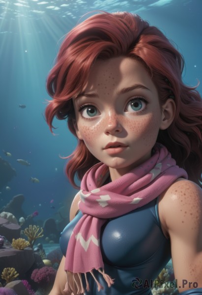 1girl,solo,long hair,breasts,looking at viewer,blue eyes,bare shoulders,medium breasts,green eyes,upper body,red hair,parted lips,sleeveless,artist name,water,scarf,lips,bodysuit,watermark,sunlight,web address,freckles,fish,bubble,light rays,rock,underwater,nose,air bubble,sunbeam,shell,pink scarf,coral,short hair,brown hair,swimsuit,one-piece swimsuit,ocean,blue one-piece swimsuit,aquarium