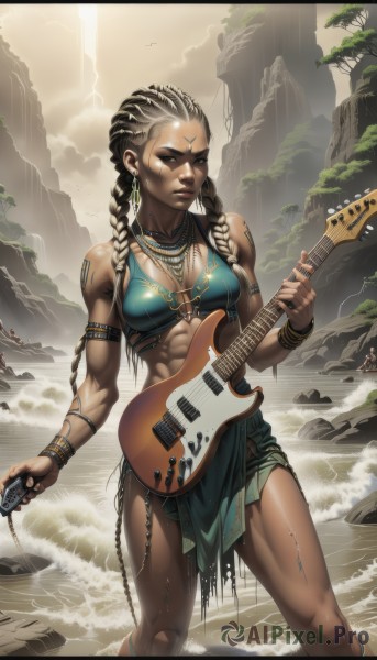 1girl,solo,long hair,breasts,brown hair,black hair,holding,cleavage,jewelry,medium breasts,standing,swimsuit,closed eyes,braid,bikini,earrings,outdoors,midriff,dark skin,water,necklace,twin braids,bracelet,dark-skinned female,tree,lips,wet,tattoo,muscular,chain,ocean,watermark,facial mark,beach,abs,letterboxed,instrument,armlet,wading,toned,rock,forehead mark,nose,music,muscular female,guitar,facepaint,facial tattoo,playing instrument,electric guitar,very dark skin,dreadlocks,plectrum,tribal,native american,multiple braids,white hair,multicolored hair,piercing,armband,bikini top only,rain,mountain,realistic,controller,cable,lightning