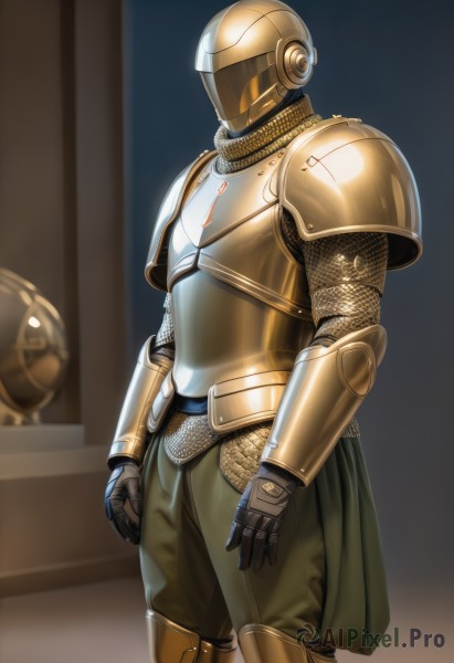 solo,1boy,standing,male focus,cowboy shot,pants,indoors,armor,feet out of frame,helmet,shoulder armor,gauntlets,1other,pauldrons,breastplate,arms at sides,vambraces,greaves,brown pants,faulds,knight,full armor,green pants,ambiguous gender,covered face,helm,chainmail,gold armor,leg armor,plate armor,gloves,boots,shiny,blurry,blurry background