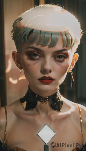 1girl,solo,breasts,looking at viewer,short hair,bangs,cleavage,bare shoulders,brown eyes,jewelry,medium breasts,collarbone,upper body,grey hair,earrings,blurry,collar,lips,blood,makeup,detached collar,blurry background,piercing,lipstick,ear piercing,portrait,eyeshadow,freckles,card,nose,red lips,very short hair,mascara,dress,closed mouth,green hair,choker,eyelashes,realistic,eyeliner