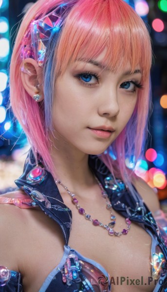 1girl,solo,breasts,looking at viewer,short hair,bangs,blue eyes,cleavage,bare shoulders,jewelry,medium breasts,closed mouth,upper body,pink hair,multicolored hair,hairband,earrings,small breasts,necklace,blurry,vest,lips,eyelashes,makeup,depth of field,blurry background,gem,pendant,freckles,realistic,nose,bokeh,mascara,collarbone,swimsuit,bikini,open clothes,sleeveless,shiny,artist name,orange hair,gradient hair,watermark,piercing,lipstick,ear piercing,portrait,lens flare,eyeshadow,pink lips,eyeliner,open vest,cyberpunk