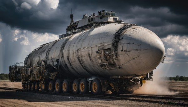 outdoors,sky,day,cloud,military,no humans,cloudy sky,ground vehicle,scenery,smoke,science fiction,turret,realistic,aircraft,cannon,military vehicle,vehicle focus,spacecraft,dust,tree,sunlight,motor vehicle,light rays,airplane