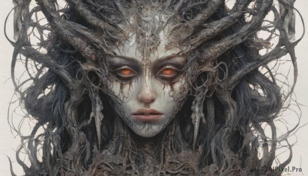 1girl,solo,long hair,looking at viewer,simple background,black hair,red eyes,white background,closed mouth,horns,lips,orange eyes,glowing,colored skin,portrait,glowing eyes,grey skin,straight-on,eyelashes,makeup,wavy hair,expressionless,monster girl,messy hair,close-up,colored sclera,realistic,red lips