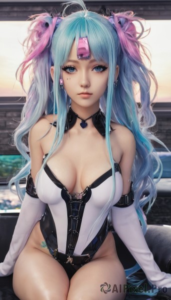 1girl,solo,long hair,breasts,looking at viewer,bangs,blue eyes,large breasts,hair ornament,gloves,cleavage,bare shoulders,jewelry,medium breasts,sitting,very long hair,closed mouth,blue hair,collarbone,pink hair,ahoge,heart,thighs,multicolored hair,earrings,elbow gloves,white gloves,mole,two-tone hair,leotard,two side up,lips,mole under eye,highleg,breasts apart,highleg leotard,realistic,nose,white leotard,bare hips,twintails,flower,parted lips,detached sleeves,choker,shiny,artist name,signature,hair flower,eyelashes,strapless,aqua hair,gradient hair,detached collar,buckle,zipper,strapless leotard,freckles