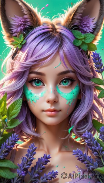 1girl,solo,long hair,breasts,looking at viewer,short hair,bangs,simple background,hair ornament,animal ears,closed mouth,green eyes,collarbone,upper body,purple hair,flower,artist name,hair flower,aqua eyes,lips,animal ear fluff,fox ears,eyelashes,makeup,leaf,facial mark,plant,portrait,eyeshadow,green background,pink lips,nose,facepaint,mascara,realistic,bodypaint,paint splatter,splatter