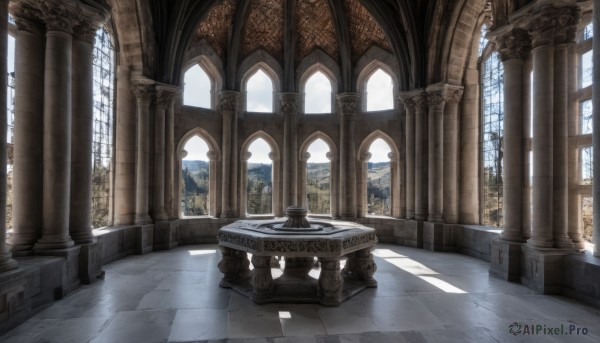 sky,day,indoors,no humans,window,sunlight,scenery,light rays,stairs,architecture,tile floor,checkered floor,pillar,statue,church,arch,column,tree