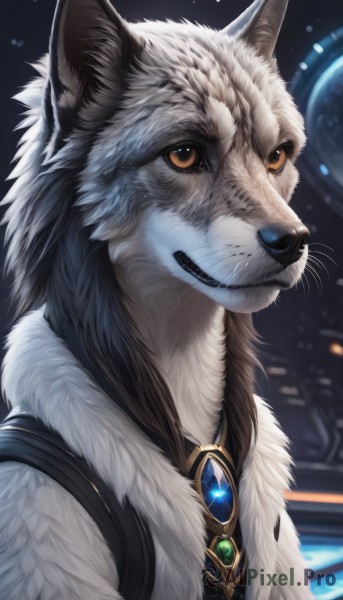 solo,looking at viewer,smile,1boy,animal ears,brown eyes,jewelry,upper body,male focus,teeth,artist name,signature,orange eyes,brooch,gem,furry,colored sclera,furry male,white fur,fur,animal nose,wolf,fluffy,sky,necklace,fur trim,no humans,night,wolf ears,portrait,star (sky),night sky,starry sky,snout