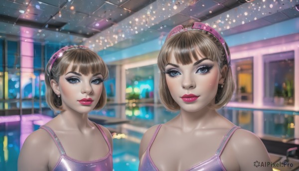 1girl,breasts,looking at viewer,smile,short hair,bangs,blue eyes,brown hair,cleavage,jewelry,medium breasts,collarbone,upper body,hairband,earrings,indoors,blurry,lips,eyelashes,makeup,multiple views,lipstick,camisole,eyeshadow,reflection,realistic,nose,red lips,spaghetti strap,eyeliner,pink hairband,mascara,comparison,multiple girls,2girls,headband