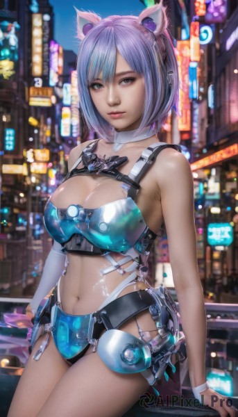 1girl,solo,breasts,looking at viewer,short hair,bangs,blue eyes,large breasts,gloves,navel,animal ears,cleavage,bare shoulders,medium breasts,blue hair,purple hair,outdoors,choker,midriff,cat ears,lips,fake animal ears,building,science fiction,city,realistic,cyberpunk,underwear,panties,armor,black panties,night,revealing clothes,android,cityscape,cyborg,city lights