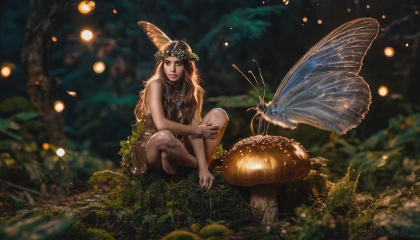 1girl,solo,long hair,looking at viewer,brown hair,bare shoulders,brown eyes,jewelry,sitting,outdoors,wings,barefoot,necklace,blurry,tree,lips,depth of field,blurry background,leaf,grass,bug,plant,nature,light particles,forest,realistic,fantasy,antennae,fairy,head wreath,mushroom,butterfly wings,moss,fireflies,hair ornament,nail polish,fingernails,butterfly,fairy wings,dirty feet