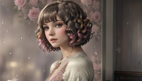 1girl,solo,breasts,looking at viewer,blush,short hair,bangs,brown hair,shirt,cleavage,brown eyes,jewelry,white shirt,upper body,pink hair,flower,multicolored hair,parted lips,artist name,indoors,signature,necklace,blurry,from side,two-tone hair,lips,wet,looking to the side,grey eyes,eyelashes,makeup,depth of field,blurry background,rose,wavy hair,chair,pink flower,freckles,rain,curly hair,water drop,pink lips,realistic,nose,red lips,pink rose,mascara,dress,medium breasts,earrings,window