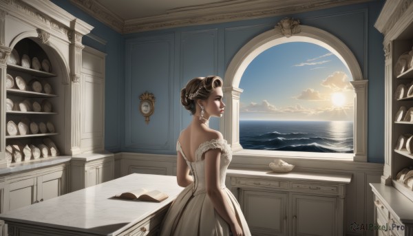 1girl,solo,short hair,brown hair,dress,bare shoulders,jewelry,standing,braid,earrings,sky,day,cloud,indoors,water,hair bun,from behind,white dress,from side,blue sky,lips,window,strapless,profile,makeup,ocean,table,sunlight,single hair bun,lipstick,scenery,strapless dress,off-shoulder dress,sun,horizon,clock,red lips,kitchen,sunrise,drawer,cabinet,hair ornament,book,bird