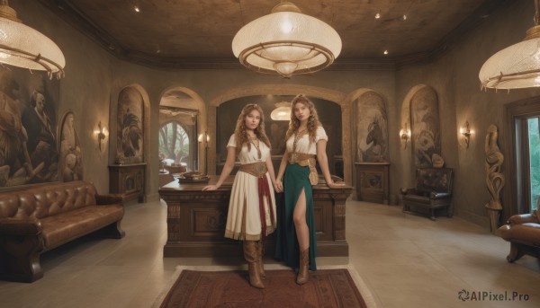 long hair,breasts,looking at viewer,smile,multiple girls,skirt,blonde hair,brown hair,shirt,dress,2girls,jewelry,standing,white shirt,braid,flower,short sleeves,boots,belt,indoors,white dress,window,holding hands,siblings,chair,brown footwear,table,sisters,scenery,couch,hair over shoulder,curly hair,long skirt,wooden floor,lamp,candle,vase,statue,painting (object),carpet,chandelier