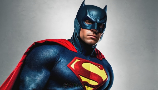 solo,looking at viewer,1boy,closed mouth,upper body,male focus,cape,bodysuit,mask,muscular,muscular male,realistic,red cape,manly,superhero,blue eyes,animal ears,grey background,lips