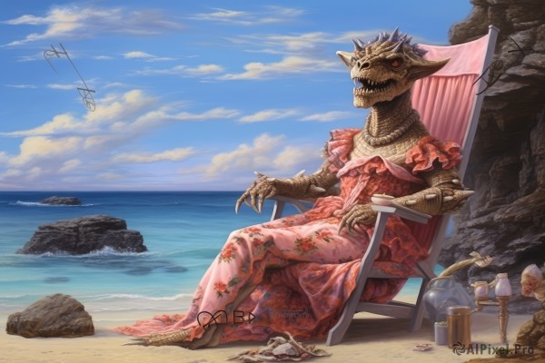 red eyes,dress,sitting,outdoors,frills,horns,sky,teeth,day,cloud,signature,water,cup,blue sky,no humans,ocean,chair,beach,floral print,sharp teeth,pink dress,claws,monster,rock,sand,scales,1girl,solo,weapon,sword,necklace,armor,gauntlets,skull,shell