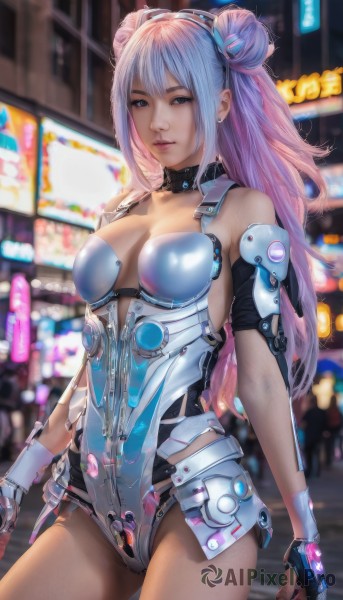 1girl,solo,long hair,breasts,looking at viewer,bangs,blue eyes,large breasts,gloves,cleavage,bare shoulders,jewelry,medium breasts,standing,pink hair,multicolored hair,cowboy shot,earrings,solo focus,choker,black gloves,fingerless gloves,hair bun,blurry,collar,leotard,lips,double bun,bodysuit,blurry background,science fiction,realistic,cyberpunk,blue hair,purple hair,light purple hair,android,neon lights