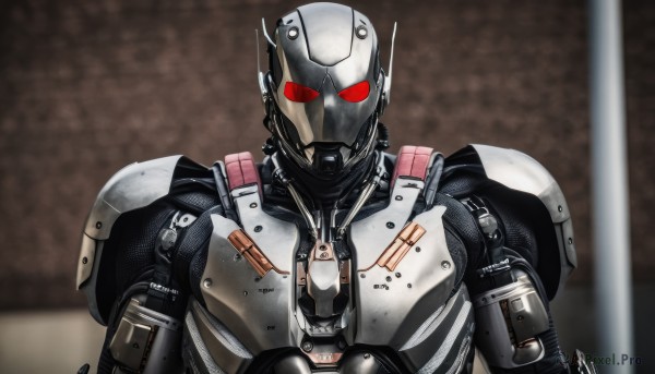 solo,looking at viewer,red eyes,1boy,upper body,male focus,signature,armor,blurry,no humans,blurry background,helmet,robot,science fiction,straight-on,humanoid robot,mecha,realistic,cable,power armor,radio antenna