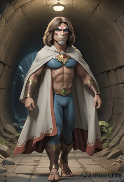 1girl,solo,long hair,looking at viewer,blue eyes,brown hair,1boy,navel,jewelry,closed mouth,standing,full body,male focus,pants,artist name,cape,mask,muscular,facial hair,watermark,abs,sandals,web address,clenched hands,walking,serious,muscular female,blue pants,bracer,facepaint,white cape,facial tattoo,superhero,blonde hair,boots,teeth,medium hair,toes,brown footwear,genderswap,skin tight,bulge,rock