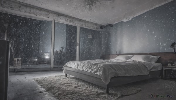 monochrome,greyscale,sky,indoors,tree,pillow,book,no humans,window,bed,night,on bed,chair,table,curtains,scenery,couch,snow,rain,snowing,blanket,lamp,bedroom,winter,bare tree,carpet,grey theme,outdoors,lying,plant,building,wooden floor,clock,lamppost,rug,cabinet