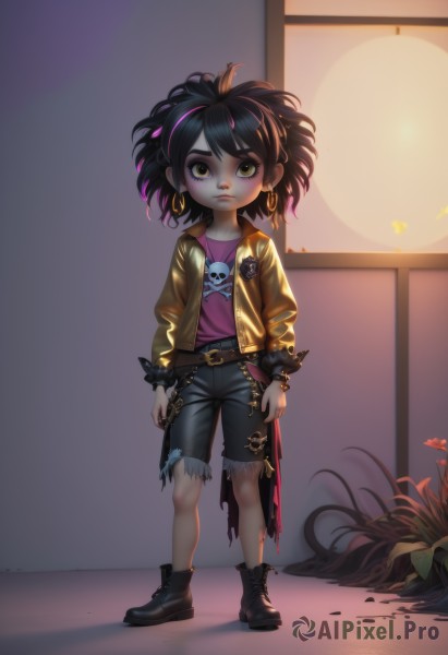 1girl,solo,looking at viewer,short hair,shirt,black hair,long sleeves,brown eyes,jewelry,closed mouth,standing,jacket,full body,yellow eyes,pink hair,flower,multicolored hair,earrings,boots,open clothes,shorts,belt,pants,artist name,indoors,signature,medium hair,necklace,black footwear,flat chest,bracelet,two-tone hair,open jacket,lips,streaked hair,torn clothes,window,black shorts,ring,plant,denim,messy hair,child,buckle,spikes,cross-laced footwear,backlighting,skull,hoop earrings,belt buckle,arms at sides,female child,bangle,ankle boots,brown belt,yellow jacket,leather,print shirt,spiked bracelet,torn pants,torn shorts,skull print,studded bracelet,bangs,shoes,blood,makeup,denim shorts,black belt,yellow shirt,brown jacket,nose,big hair,leather belt,torn jeans