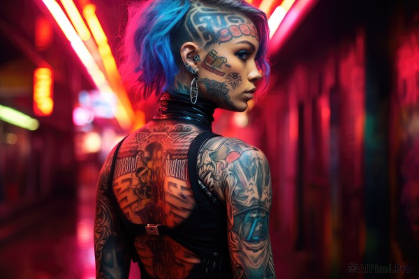 1girl,solo,short hair,blue eyes,bare shoulders,jewelry,closed mouth,blue hair,upper body,multicolored hair,earrings,looking back,from behind,blurry,lips,tattoo,profile,makeup,blurry background,back,piercing,ear piercing,nose,arm tattoo,shoulder tattoo,undercut,facial tattoo,mohawk,cyberpunk,neck tattoo,back tattoo,nose piercing,neon lights,looking at viewer,sleeveless,headband,hoop earrings,cyborg,full-body tattoo,eyebrow piercing