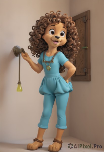 1girl,solo,long hair,looking at viewer,smile,open mouth,brown hair,shirt,holding,animal ears,brown eyes,jewelry,standing,full body,short sleeves,pants,indoors,dark skin,necklace,flat chest,dark-skinned female,hand on hip,bell,blue shirt,messy hair,child,furry,curly hair,door,furry female,overalls,brown footwear,sandals