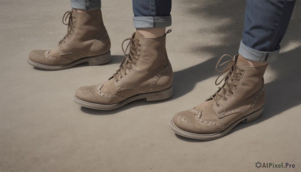 1boy,standing,male focus,boots,shoes,pants,shadow,brown footwear,denim,cross-laced footwear,out of frame,jeans,blue pants,lace-up boots,shoelaces,1girl,close-up,realistic,lower body,pants tucked in