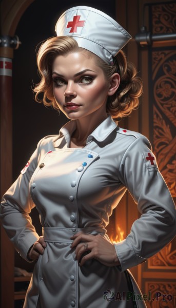 1girl,solo,breasts,looking at viewer,short hair,blonde hair,brown hair,long sleeves,hat,brown eyes,jewelry,medium breasts,closed mouth,standing,indoors,lips,makeup,buttons,cross,freckles,hands on hips,realistic,nose,nurse cap,red lips,nurse,red cross,ring,angry,curly hair