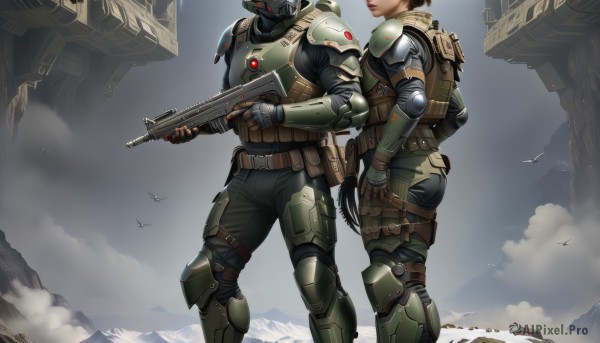 1girl,brown hair,gloves,1boy,holding,weapon,fingerless gloves,bag,holding weapon,armor,lips,gun,military,bird,backpack,helmet,robot,shoulder armor,holding gun,rifle,science fiction,pouch,mountain,head out of frame,assault rifle,knee pads,trigger discipline,submachine gun,elbow pads,power armor,fog,bullpup,power suit,cloud,realistic