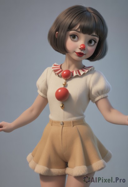 1girl,solo,looking at viewer,blush,smile,short hair,bangs,skirt,simple background,brown hair,shirt,brown eyes,standing,white shirt,short sleeves,cowboy shot,parted lips,shorts,puffy sleeves,grey background,puffy short sleeves,lips,makeup,buttons,bob cut,lipstick,blouse,child,freckles,brown skirt,red lips,female child,jewelry,necklace,brown shorts