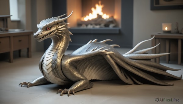 HQ,solo,looking at viewer,red eyes,closed mouth,tail,full body,wings,horns,indoors,blurry,from side,pokemon (creature),no humans,blurry background,table,fire,claws,colored sclera,realistic,dragon,scales,animal focus,fireplace,lying,bed,on stomach,lamp