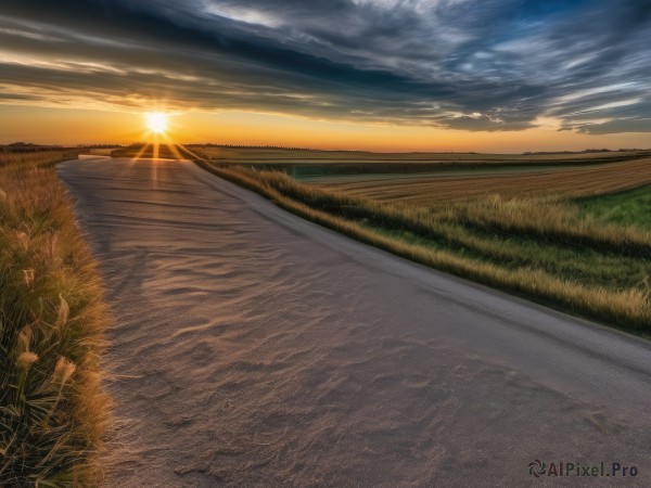 outdoors,sky,cloud,tree,no humans,sunlight,cloudy sky,grass,plant,nature,scenery,sunset,mountain,sun,horizon,road,field,landscape,path,reflection,sunrise,hill