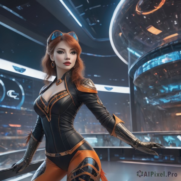 1girl,solo,long hair,breasts,looking at viewer,large breasts,brown hair,gloves,animal ears,cleavage,brown eyes,jewelry,medium breasts,standing,tail,cowboy shot,earrings,black gloves,orange hair,lips,bodysuit,makeup,lipstick,goggles,science fiction,goggles on head,realistic,red lips,red hair,belt,fake animal ears,claws,contrapposto